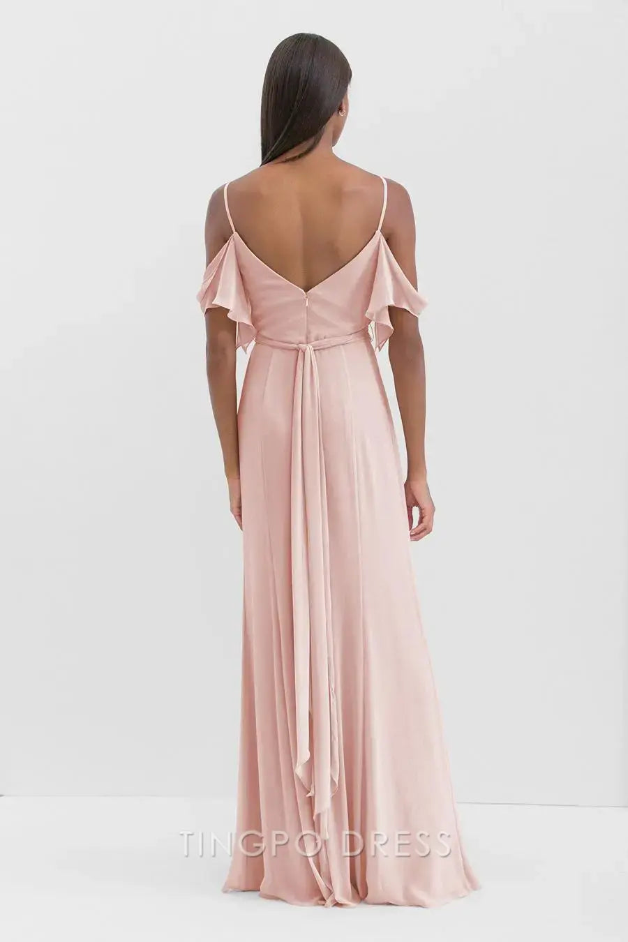 TingPo Wholesale Simple Spaghetti Strap Off-Shoulder Ruffle Midi Dress - Blush Pink Wrap Waist Party Gown